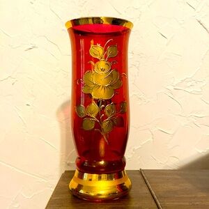 8” Vintage Beautiful Famosa LPW Vienna Austrian Gold Glass Vase Rare W/Label